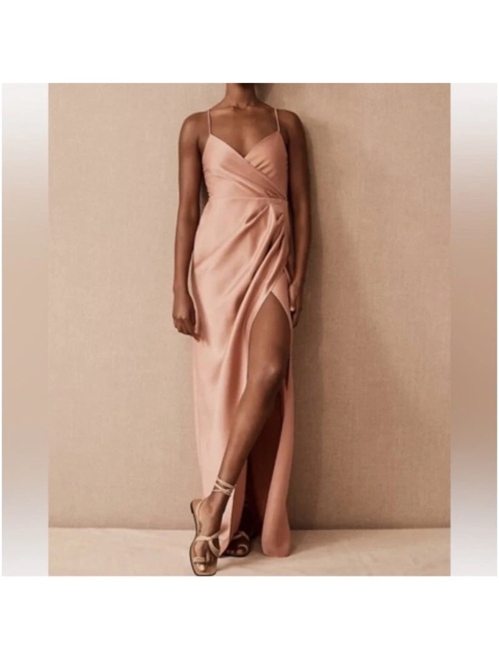 BHLDN Blush Satin Wrap Maxi Dress with High Slit
